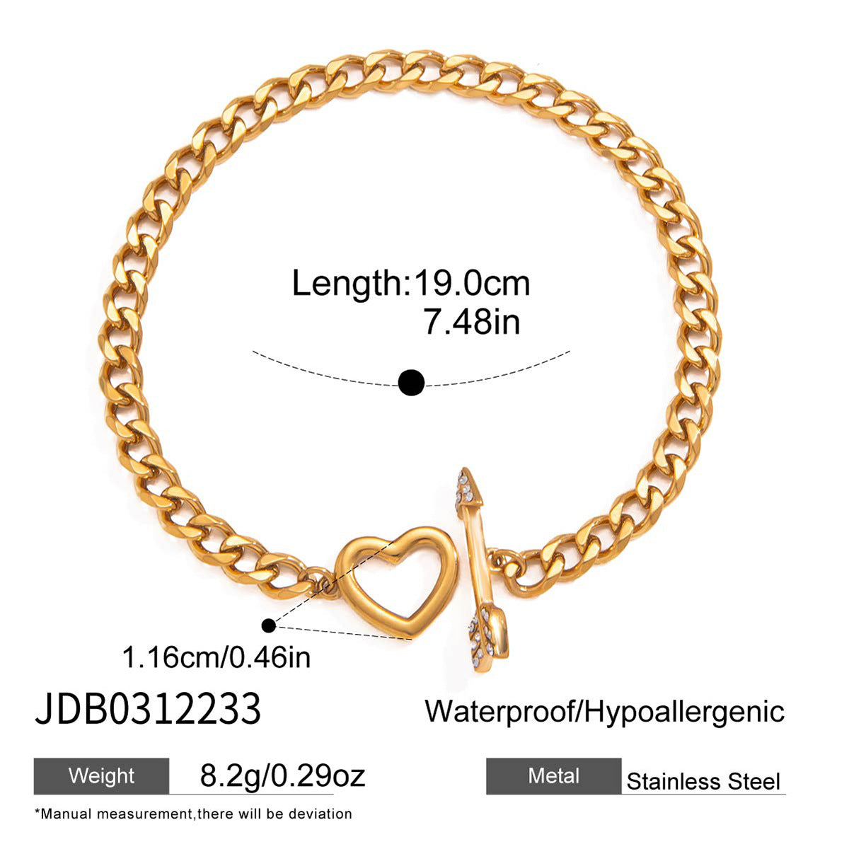 Heart-toggle curb chain bracelet dimensions