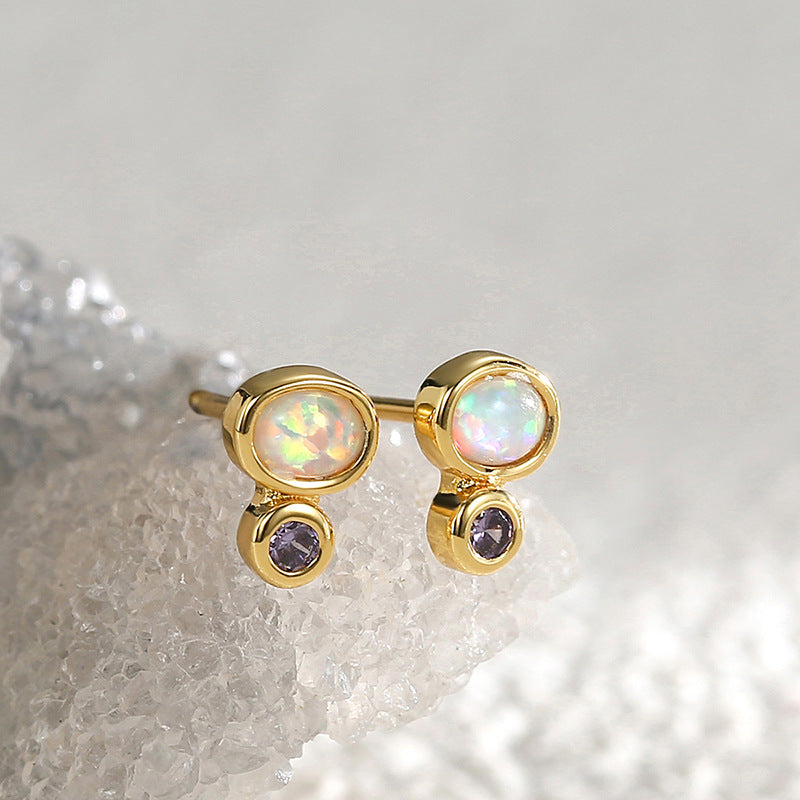 gold plated synthetic opal and purple stone stud earrings
