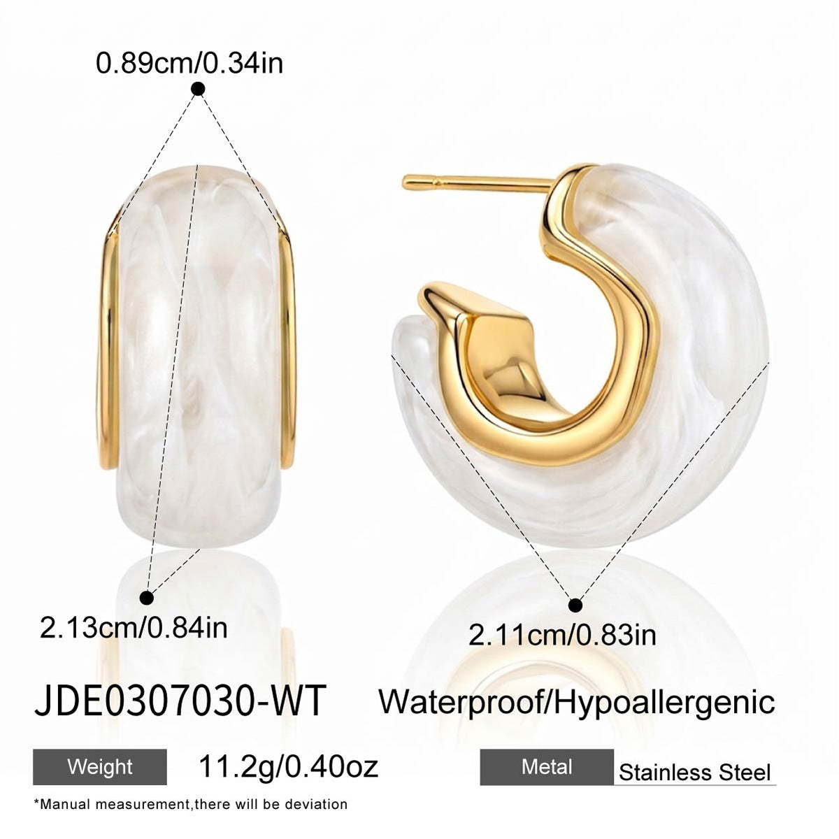 White faceted resin hoop with gold tone stainless steel setting