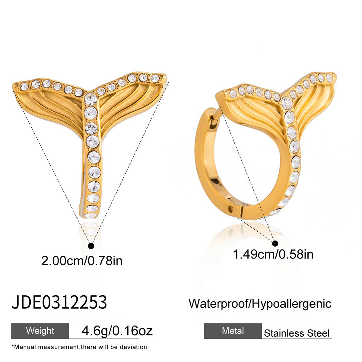 Mermaid tail earring dimensions and hinge detail
