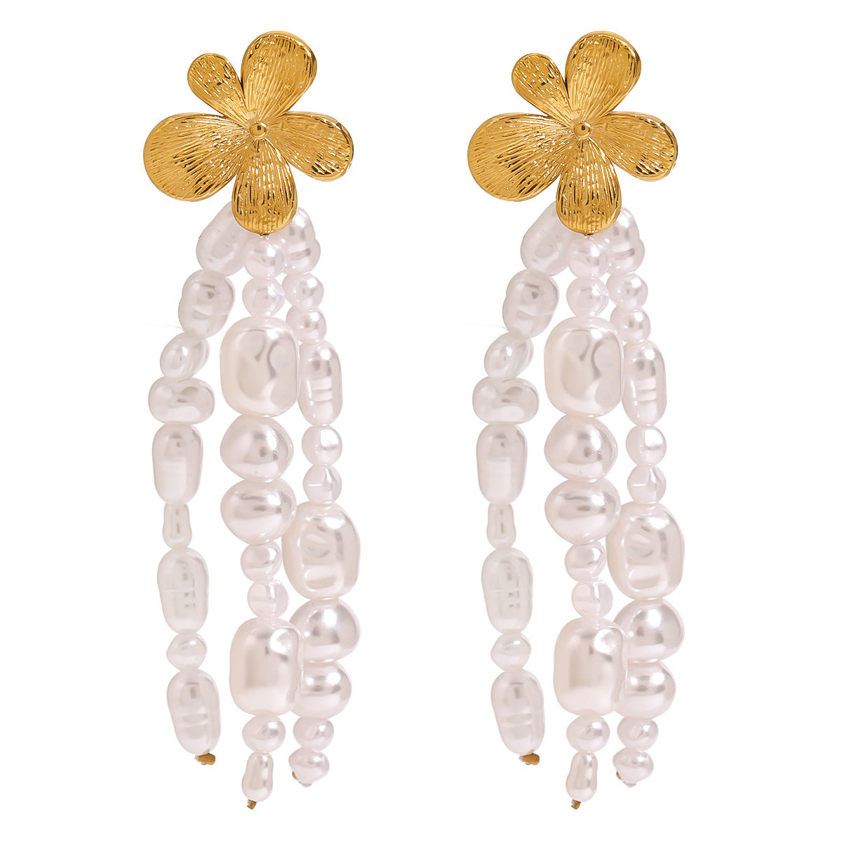 Gold-Tone Pearl-Look Floral Tassel Stainless Steel Earrings finish and shape detail