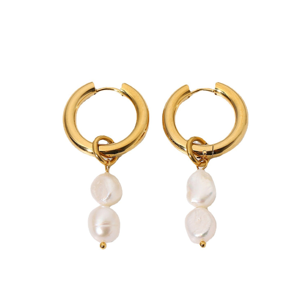 Front view of smooth hoops and paired pearl drops