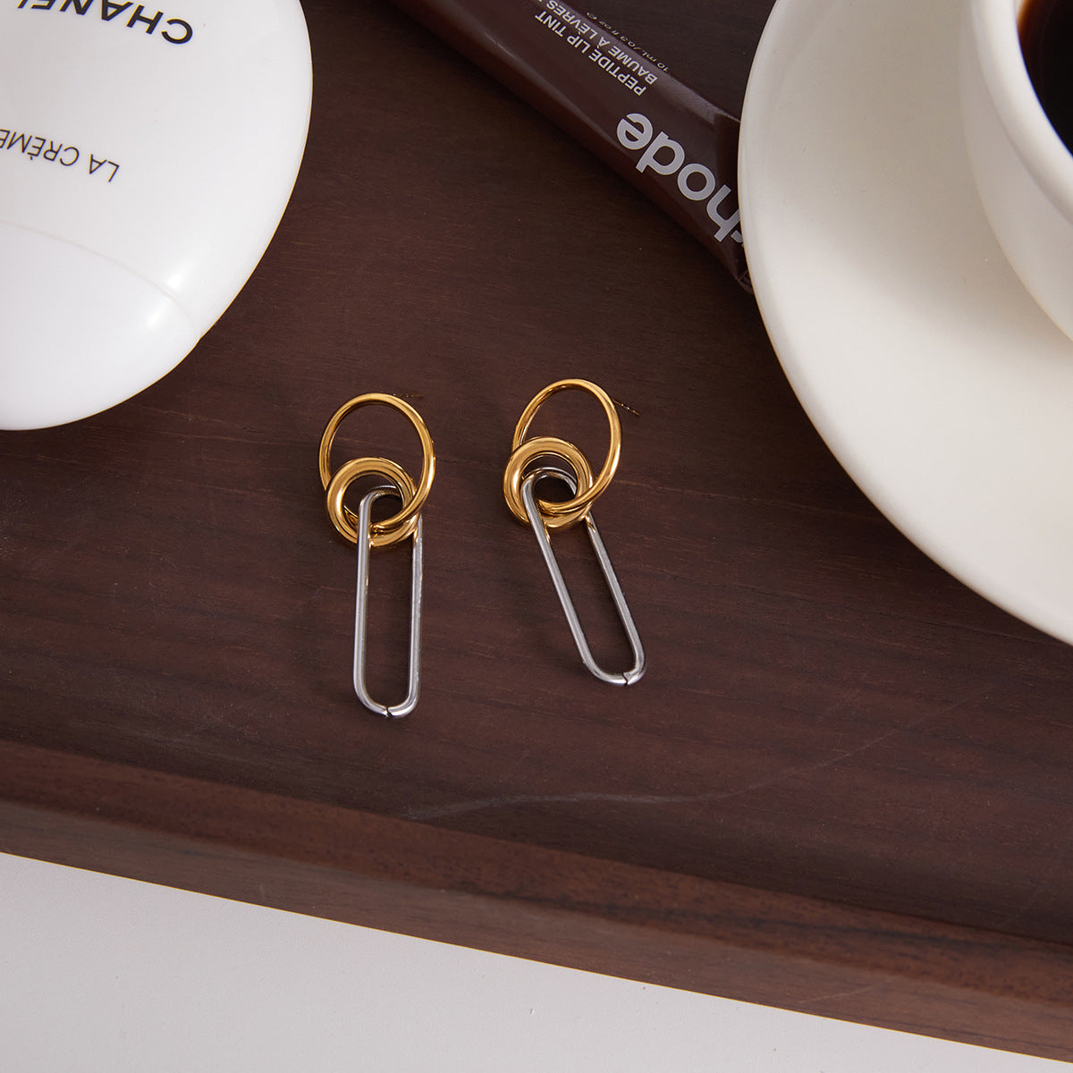 Gold Plated and Silver-Finish Stainless Steel Linked Drop Earrings — styled pair