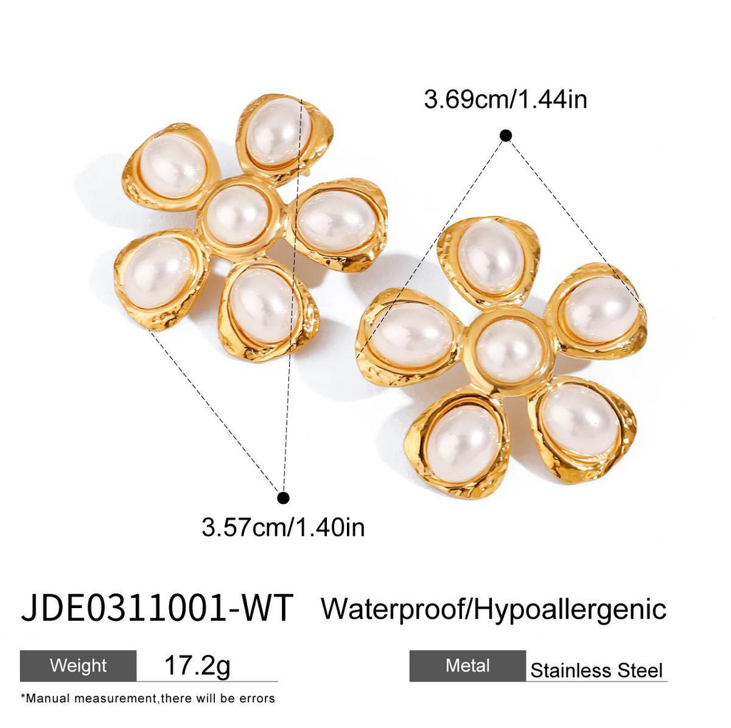 Gold-Tone Pearl-Look Floral Stainless Steel Stud Earrings — wholesale view 5