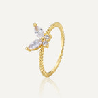 gold plated brass butterfly ring with marquise clear stone wings