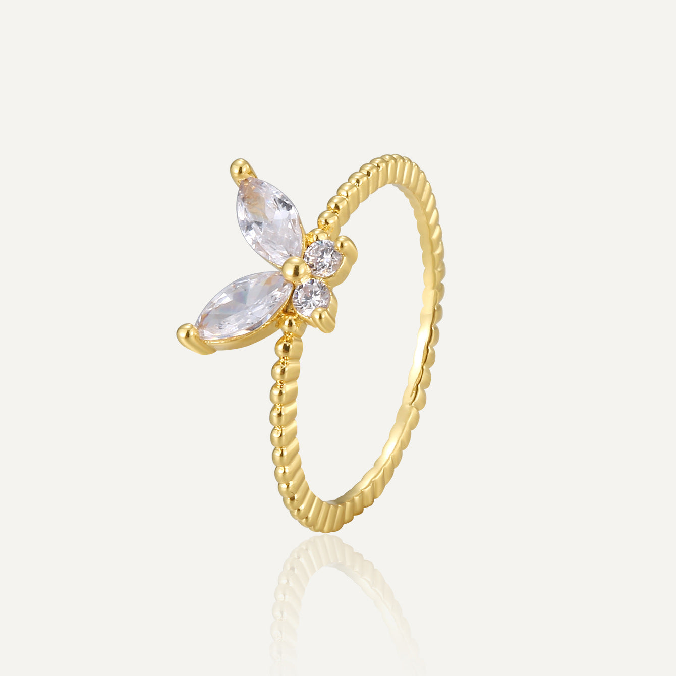 gold plated brass butterfly ring with marquise clear stone wings