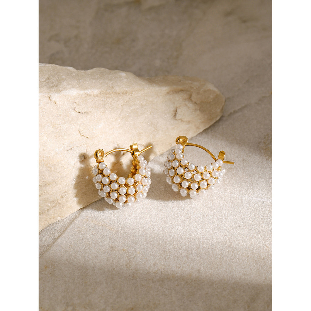 Gold-Tone Pearl-Look Clear Accent Stainless Steel Hoop Earrings close-up product view