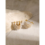 Gold-Tone Pearl-Look Clear Accent Stainless Steel Hoop Earrings close-up product view