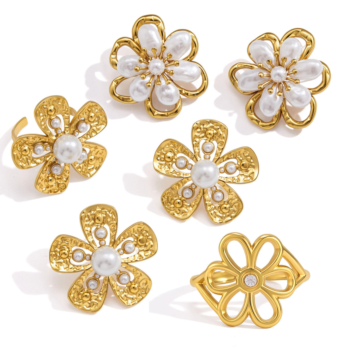Front views of textured and white petal floral jewelry