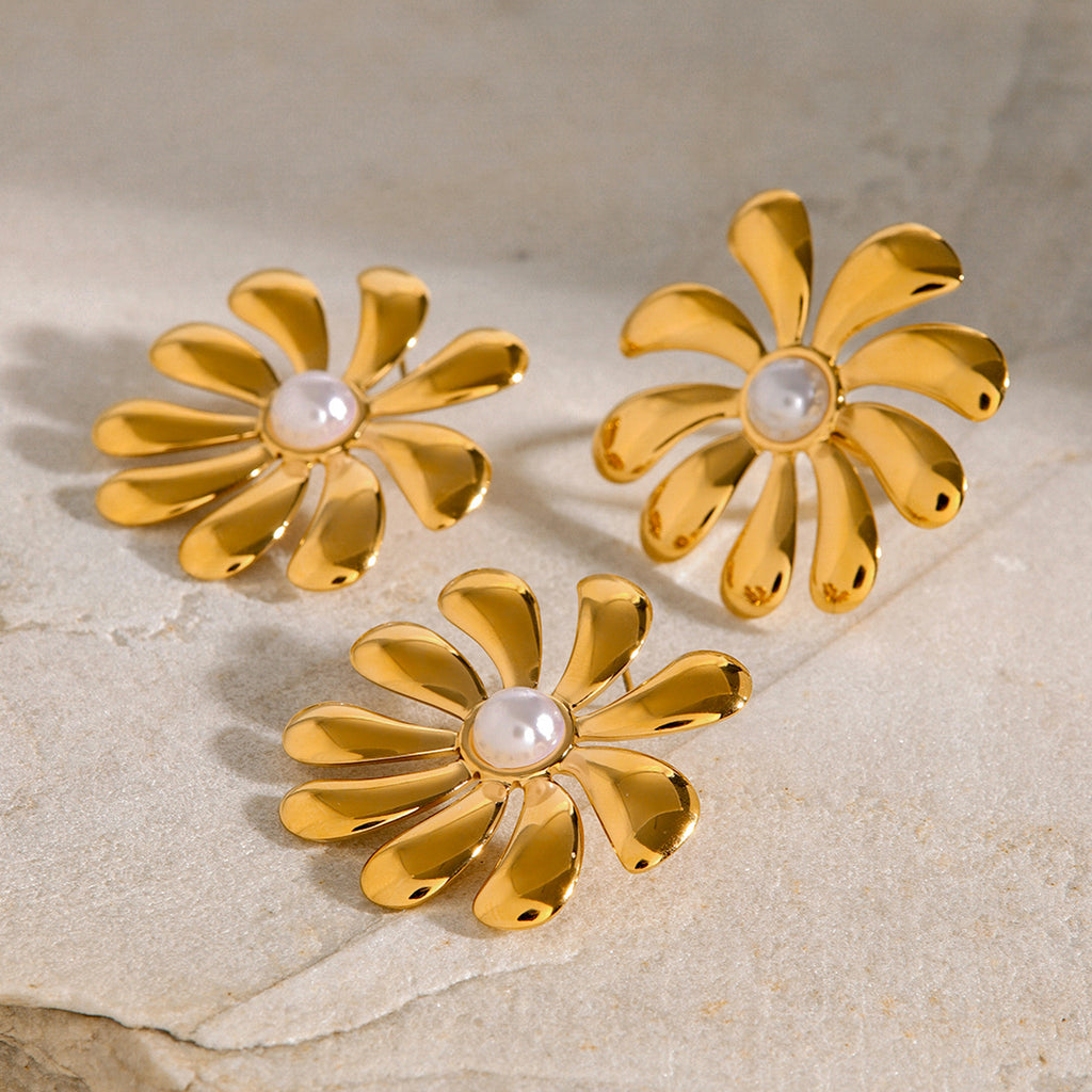 Gold Plated Stainless Steel Sculptural Flower Open Ring — front view