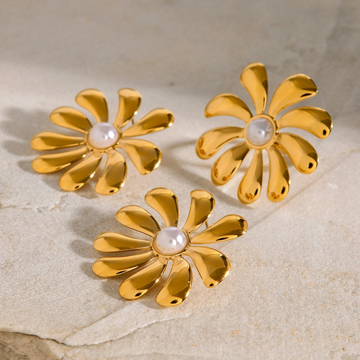 Gold Plated Stainless Steel Sculptural Flower Open Ring — front view