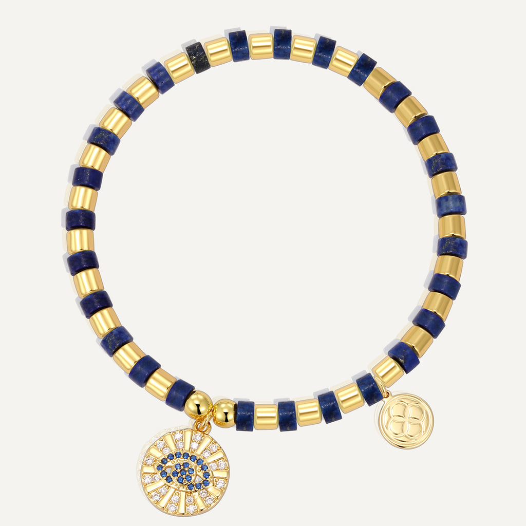 gold plated lapis lazuli bracelet with blue evil eye charm
