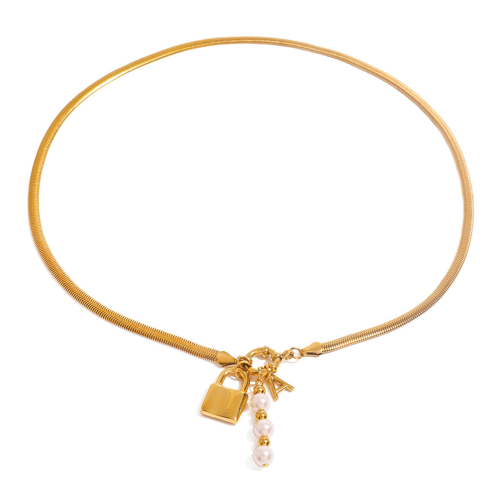 Gold-Tone Stainless Steel Lock Charm Necklace with Pearl-Look Drop — alternate angle