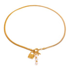 Gold-Tone Stainless Steel Lock Charm Necklace with Pearl-Look Drop — alternate angle