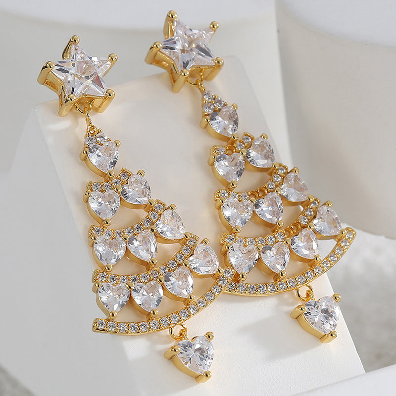 Gold plated Christmas tree drop earrings with clear star and heart-shaped stones