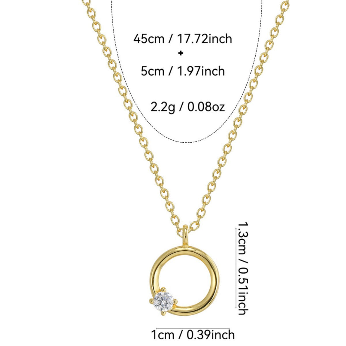 open circle necklace dimensions with 45 plus 5 cm chain and 2.2 g listed weight