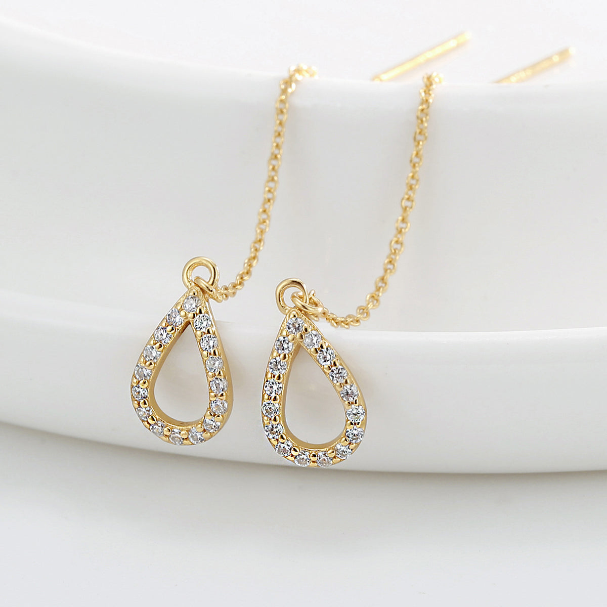 Gold Plated 925 Sterling Silver Teardrop Zirconia Threader Earrings — pave teardrop charm close-up