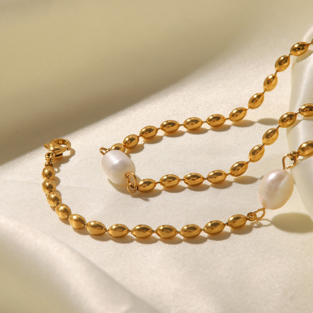 Gold Plated Stainless Steel Freshwater Pearl Oval Bead Jewelry Set — freshwater pearl close-up