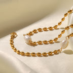 Gold Plated Stainless Steel Freshwater Pearl Oval Bead Jewelry Set — freshwater pearl close-up