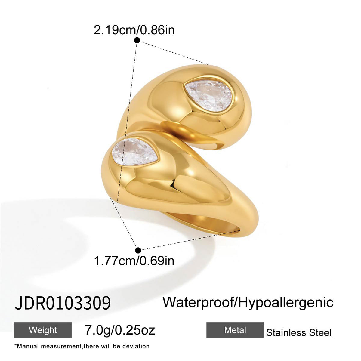 Rounded bypass ring with two pear-shaped clear accents