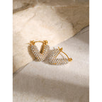 Gold-Tone Pearl-Look Clear Accent Stainless Steel Hoop Earrings styled product view