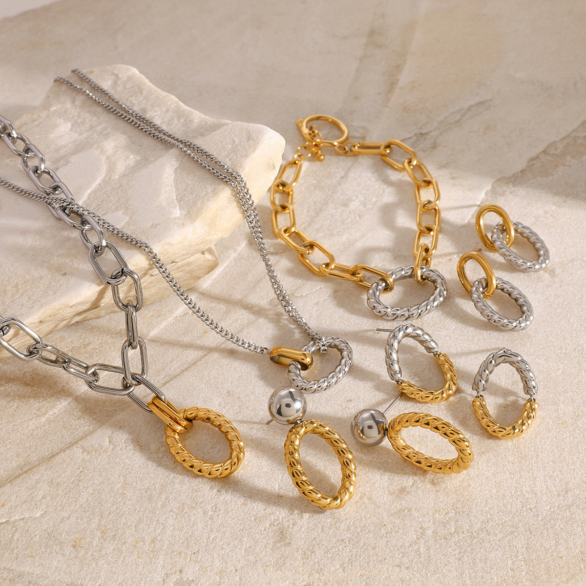 Mixed-Finish Circular Link Stainless Steel Jewelry Collection — wholesale view 2