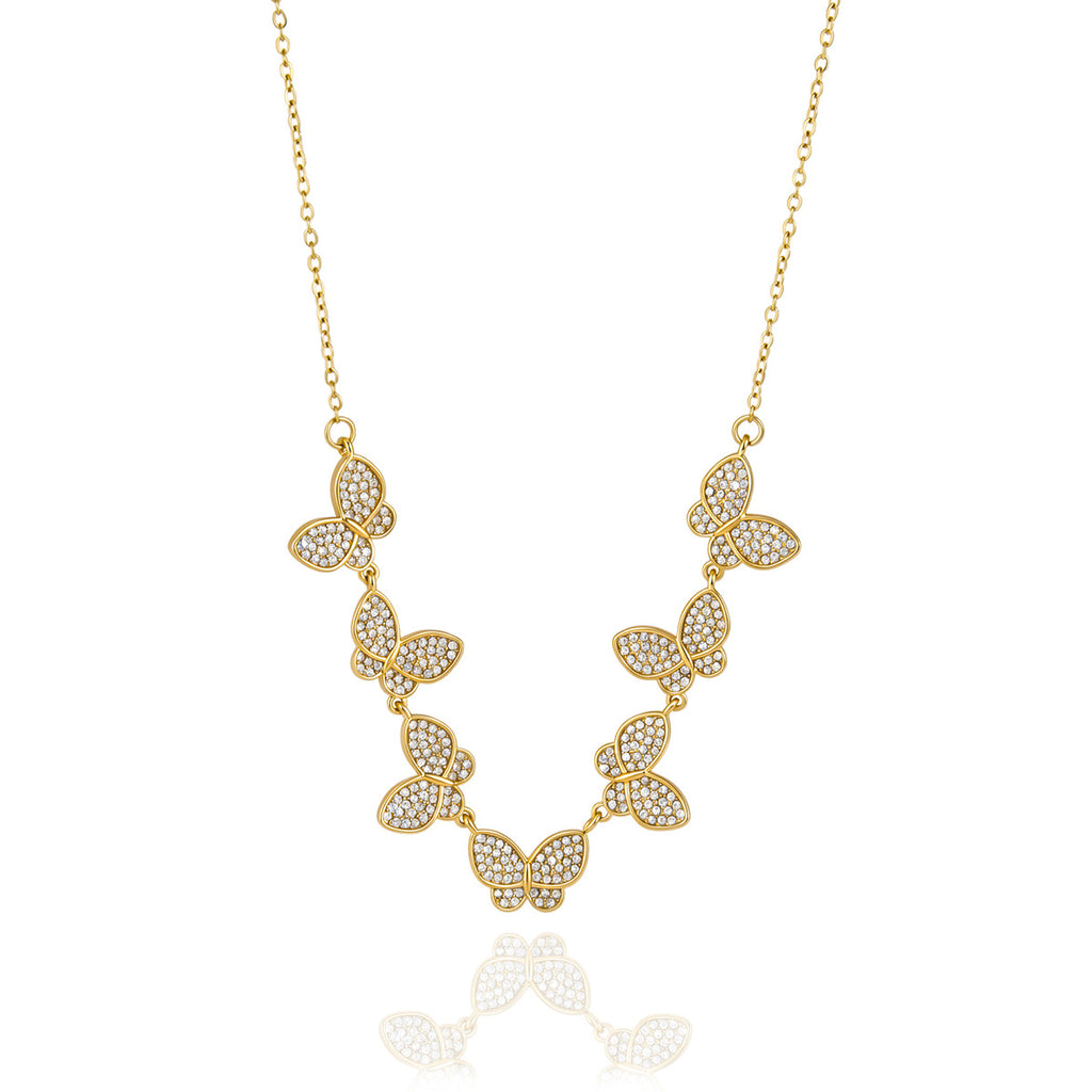 Front view of repeating clear stone butterfly motifs