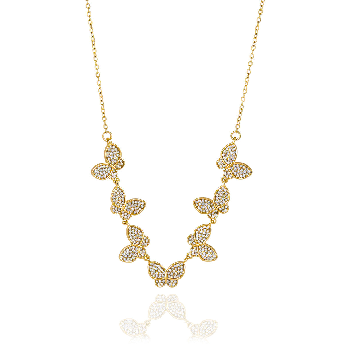 Front view of repeating clear stone butterfly motifs