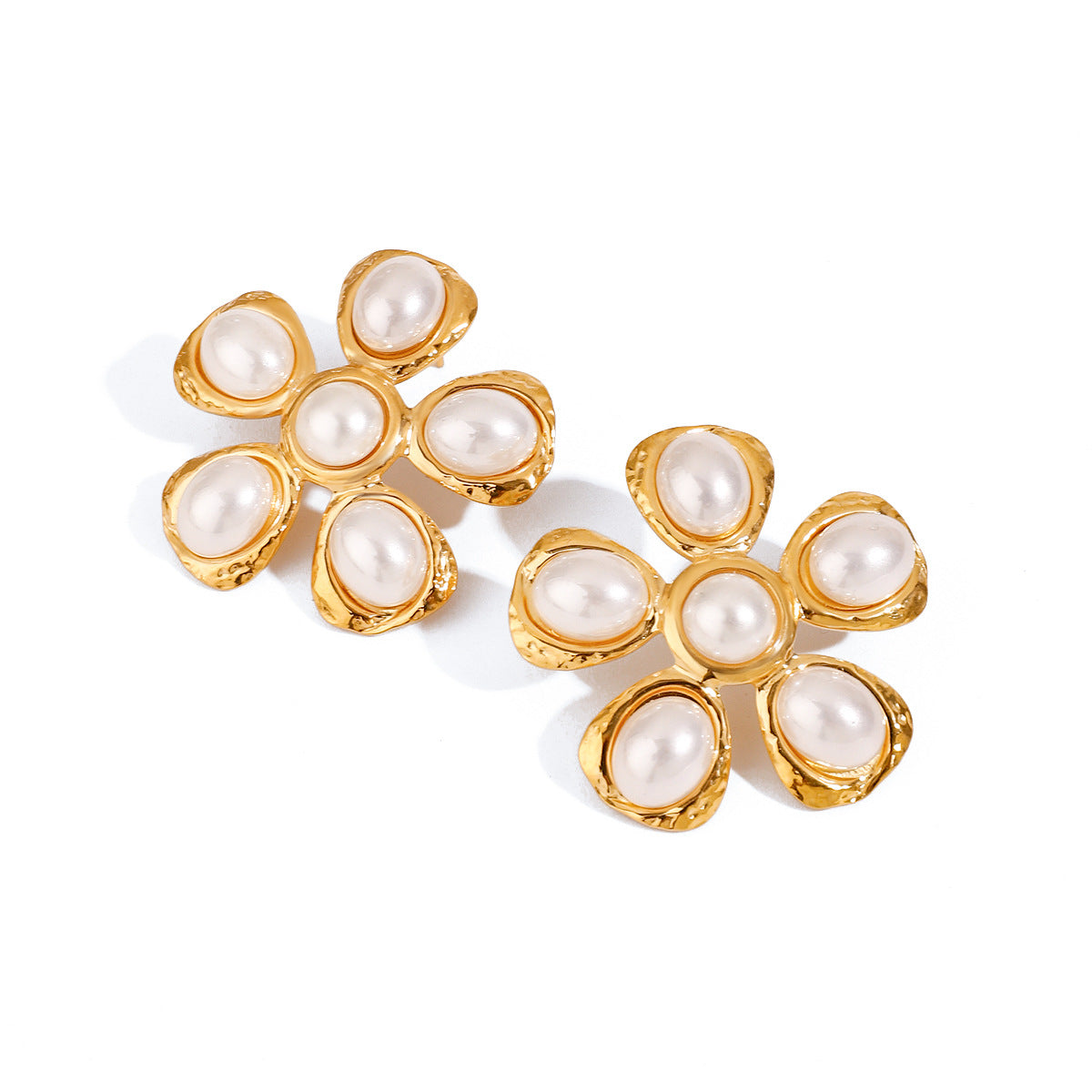 Gold-Tone Pearl-Look Floral Stainless Steel Stud Earrings — wholesale view 4