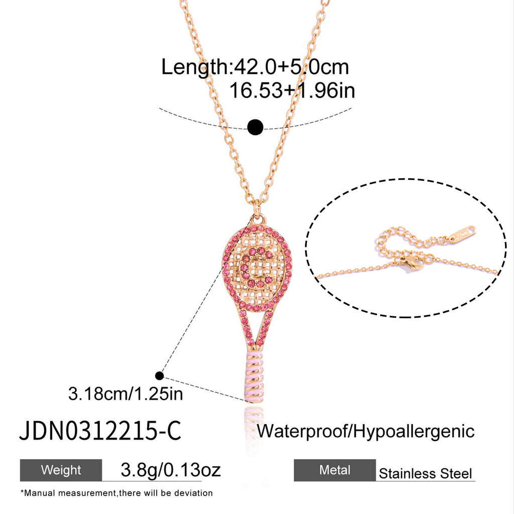 Pink-accent C racket pendant with dimensions