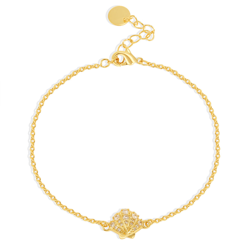 isolated full view of the clear stone seashell chain bracelet