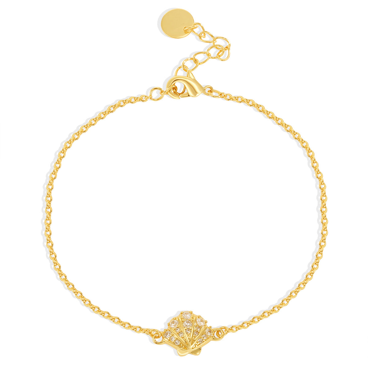 isolated full view of the clear stone seashell chain bracelet