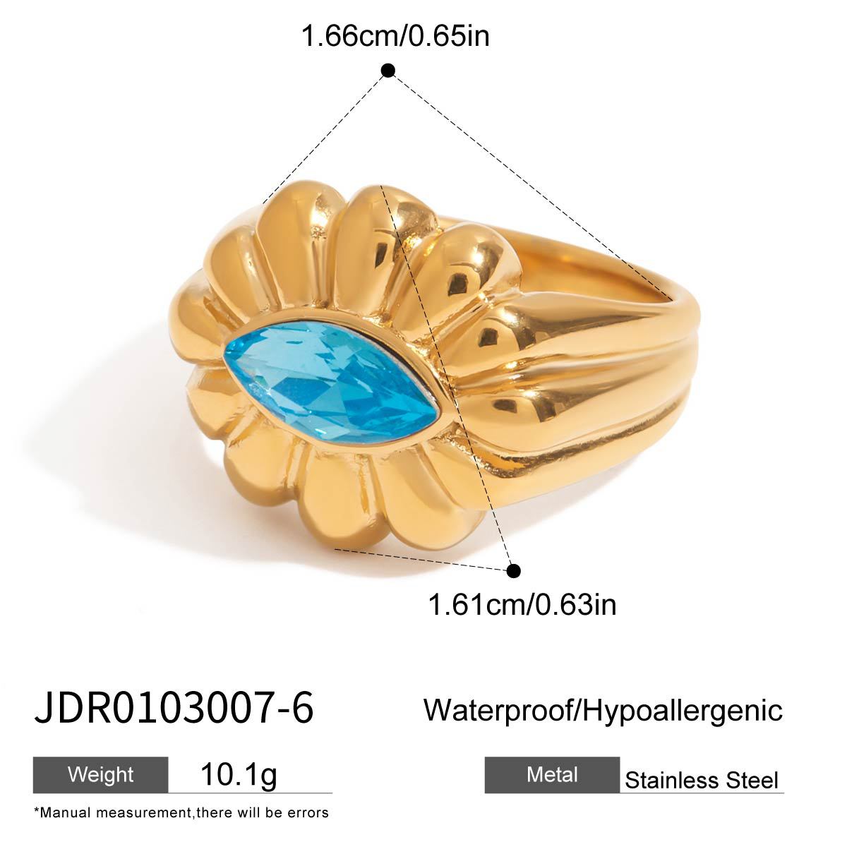 Gold-Tone Blue Zircon Floral Stainless Steel Ring – detail view