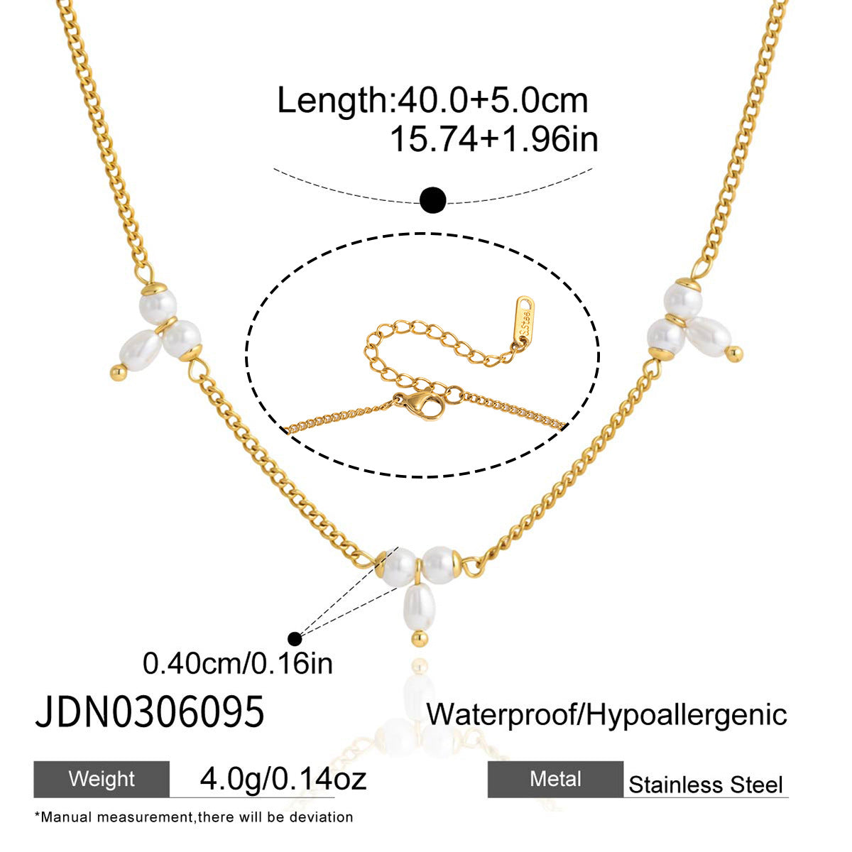 Fine chain with grouped white bead stations and dimensions