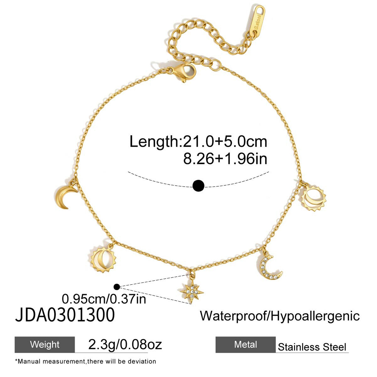 Sun moon and star anklet length and clasp detail