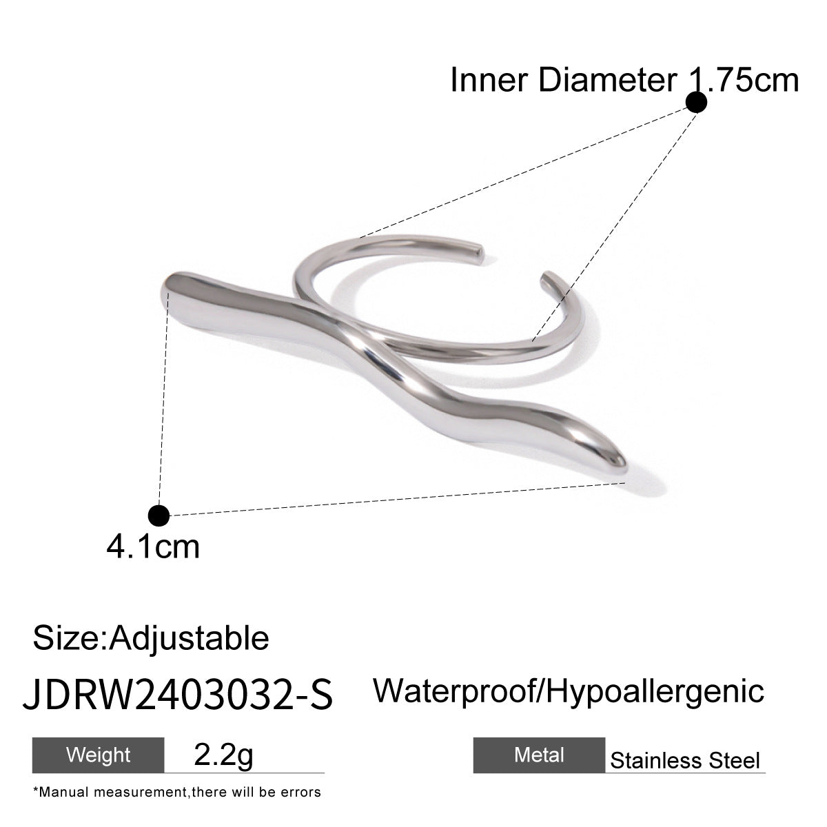 Long sculptural double-finger ring dimensions