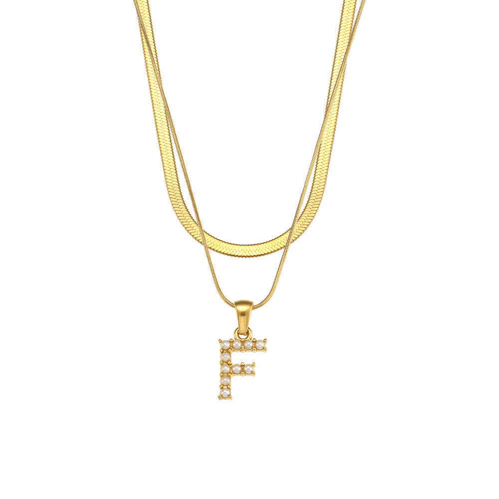 Imitation pearl letter F pendant on layered stainless steel chains
