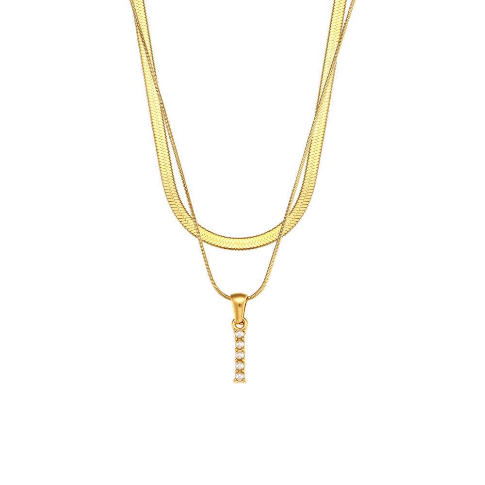 Imitation pearl letter I pendant on layered stainless steel chains