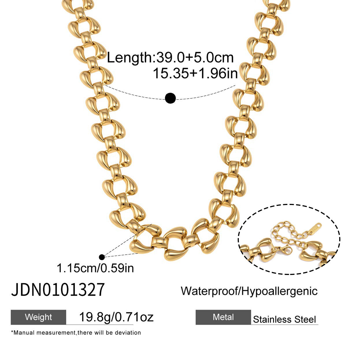 Stainless steel curved-link necklace with extender