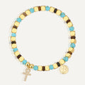 gold plated cross bracelet with turquoise-color and tiger's eye beads