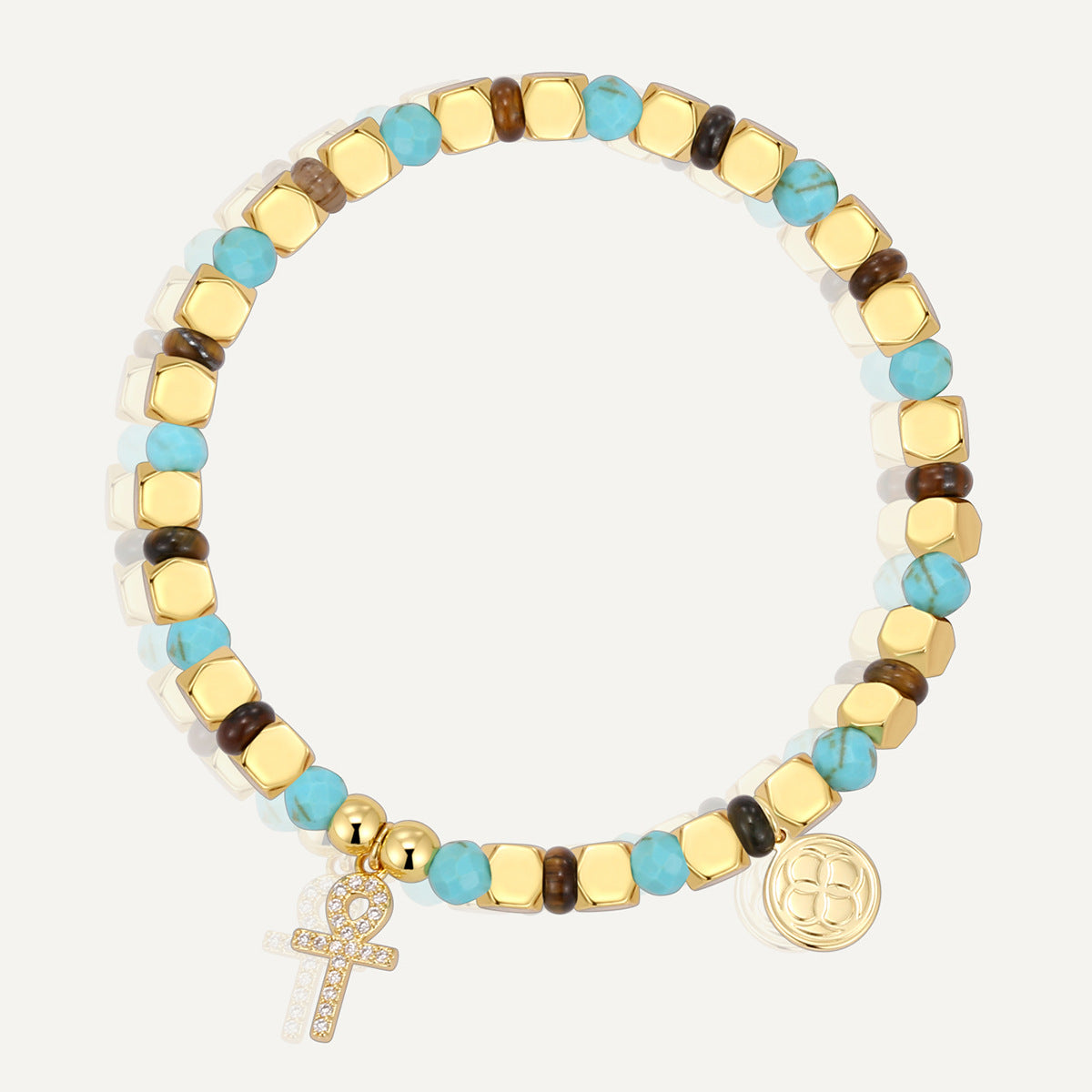gold plated cross bracelet with turquoise-color and tiger's eye beads