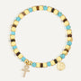 gold plated cross bracelet with turquoise-color and tiger's eye beads