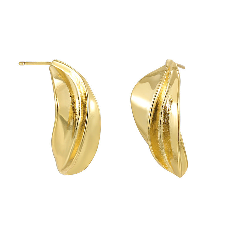front and side details of polished gold plated petal earrings