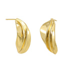 front and side details of polished gold plated petal earrings