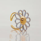 Side view of silver loop petals and textured gold center