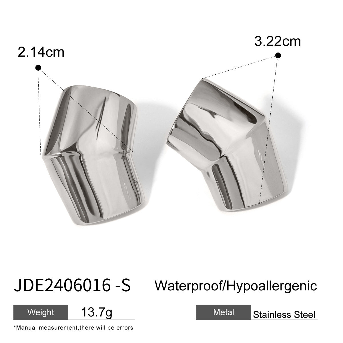 Folded Sculptural Stainless Steel Stud Earrings in Two Finishes size and proportion reference