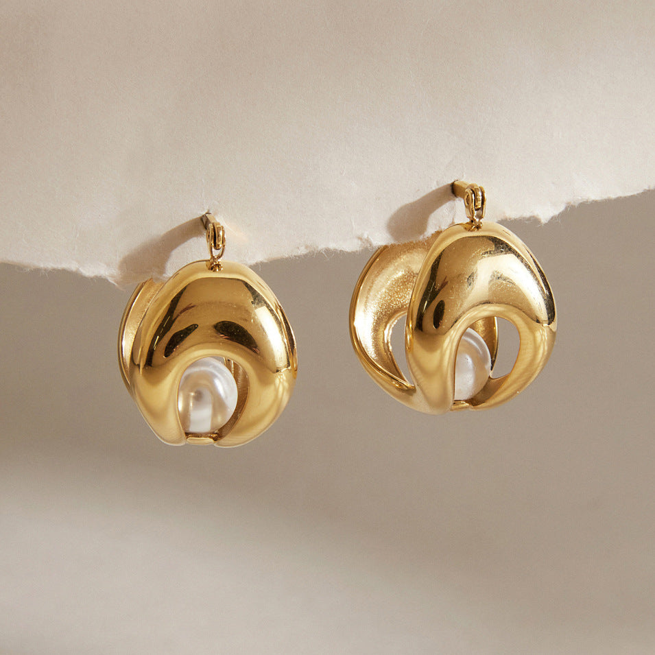 Double-layer hoop earrings with white pearl-look centers