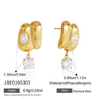 Stainless steel round drop earrings with size diagram