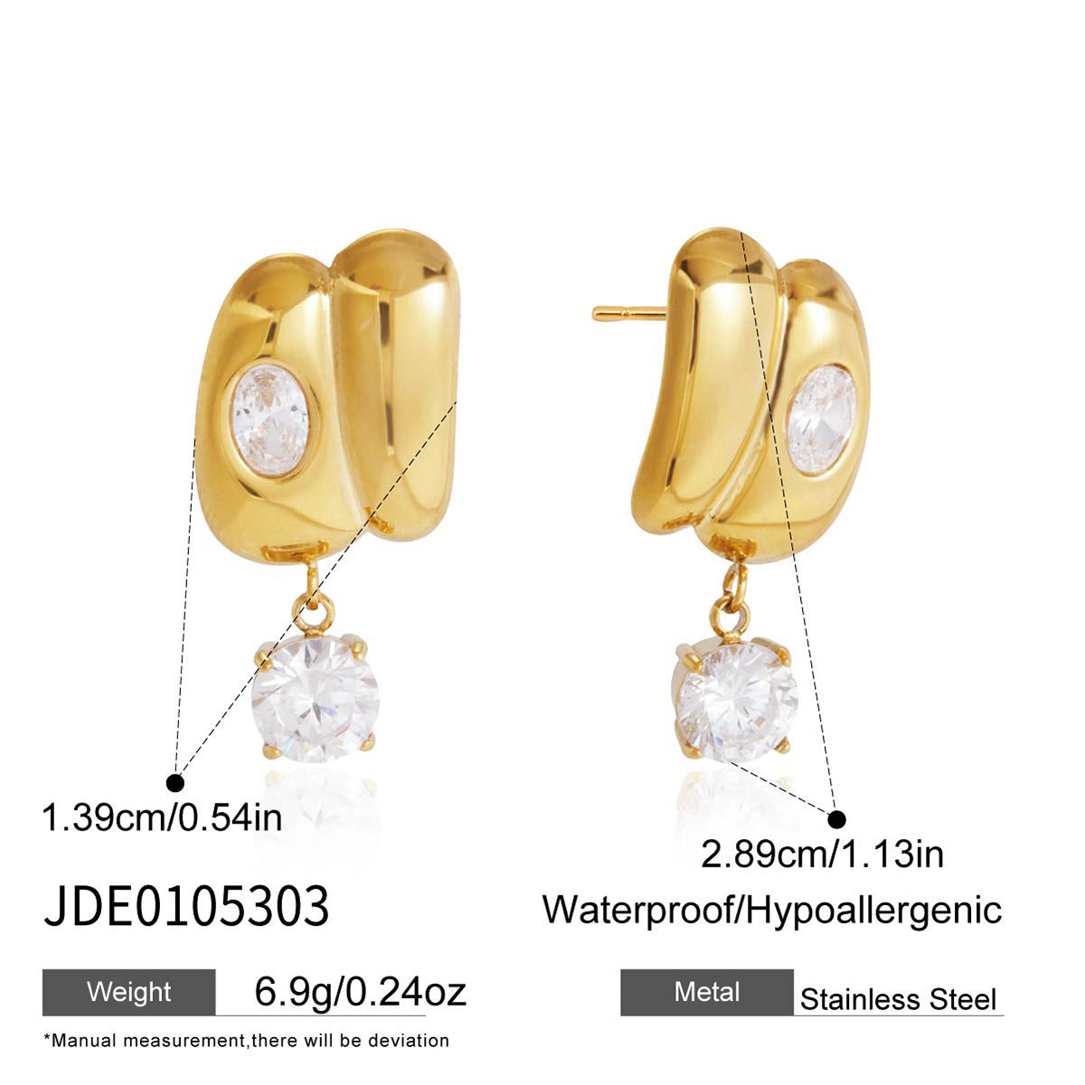 Stainless steel round drop earrings with size diagram