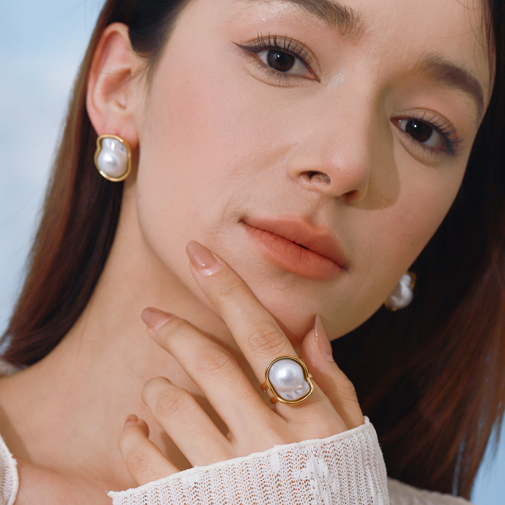 Stainless Steel Pearl-Look Earrings and Ring Collection – product view 1